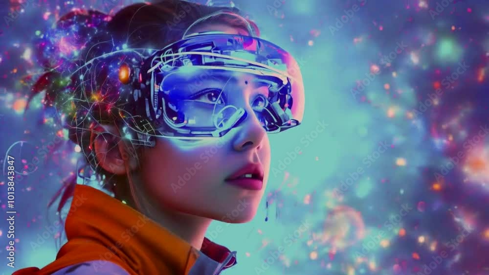 A futuristic figure with high-tech goggles, immersed in a vibrant digital environment. A futuristic figure with high-tech goggles, immersed in a vibrant digital environment.