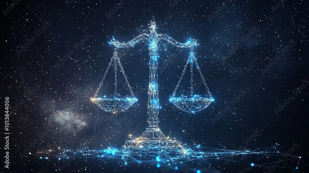 An artistic rendering of cyber scales, illuminated with lights, floats in a starry space, illustrating the concepts of balance, justice, and cosmic alignment. An artistic rendering of cyber scales, illuminated with lights, floats in a starry space, illustrating the concepts of balance, justice, and cosmic alignment.