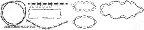 Fotografie Twisted barbed wire  Steel black wire  fence frames. vector eps10
