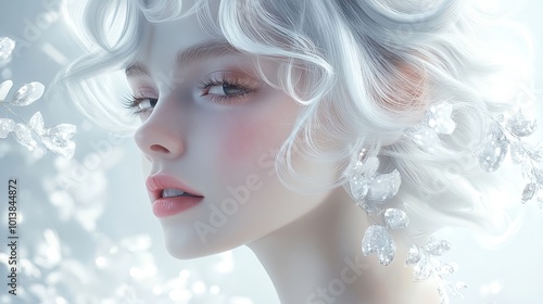 Elegant Woman with White Hair and Floral Details in a Dreamy Winter Scene