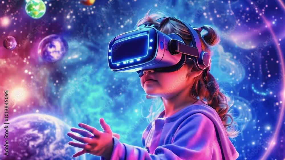 A child wearing a VR headset explores a colorful cosmic environment. A child wearing a VR headset explores a colorful cosmic environment.