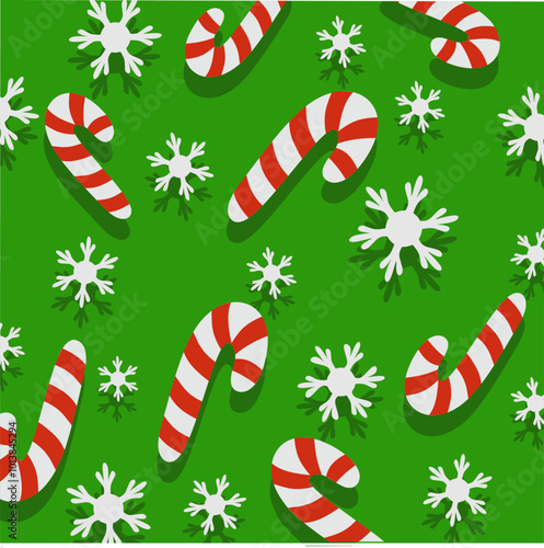 vector illustration with a Christmas theme, featuring a green background with a red-and-white candy cane pattern and white snow. Good for decoration purposes, greeting cards