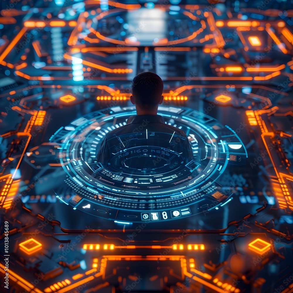 Man interacting with futuristic digital interface system Man interacting with futuristic digital interface system