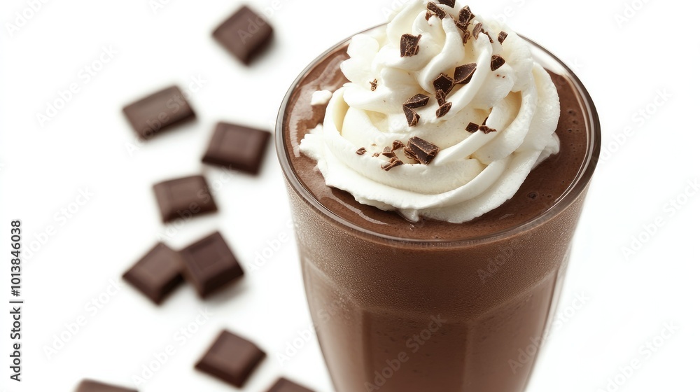 A chocolate protein smoothie with a swirl of whipped cream, isolated on a bright white background. A chocolate protein smoothie with a swirl of whipped cream, isolated on a bright white background.