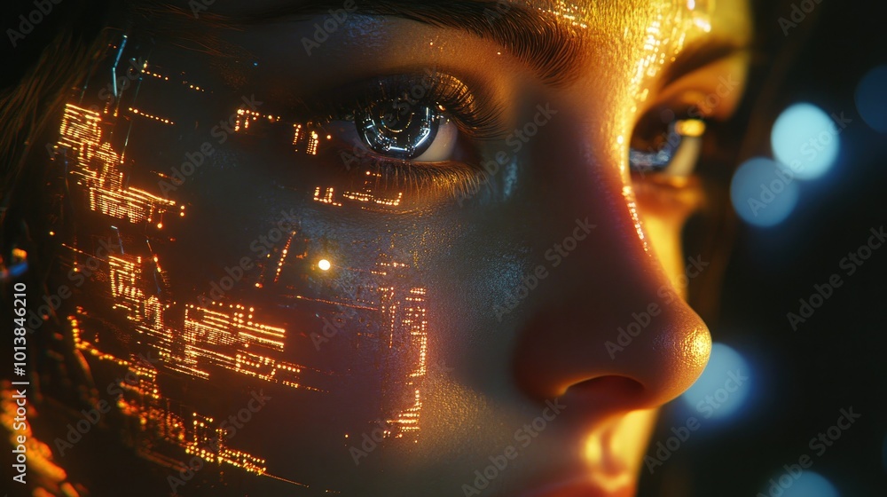 A close-up portrait of a cyber woman with metallic features and luminous circuitry, embodying the essence of futuristic beauty against a dark backdrop. A close-up portrait of a cyber woman with metallic features and luminous circuitry, embodying the essence of futuristic beauty against a dark backdrop.