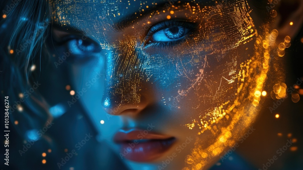 A close-up portrait of a cyber woman with metallic features and luminous circuitry, embodying the essence of futuristic beauty against a dark backdrop. A close-up portrait of a cyber woman with metallic features and luminous circuitry, embodying the essence of futuristic beauty against a dark backdrop.
