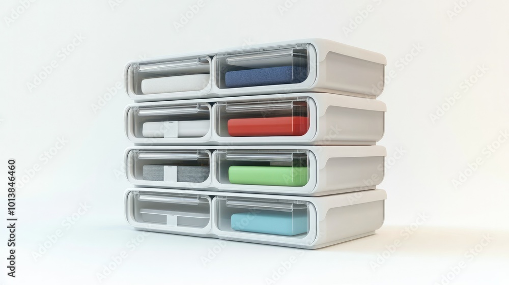A compact plastic storage container cabinet with clearly labeled drawers, organized neatly on a pristine white background, showcasing efficient storage solutions. A compact plastic storage container cabinet with clearly labeled drawers, organized neatly on a pristine white background, showcasing efficient storage solutions.