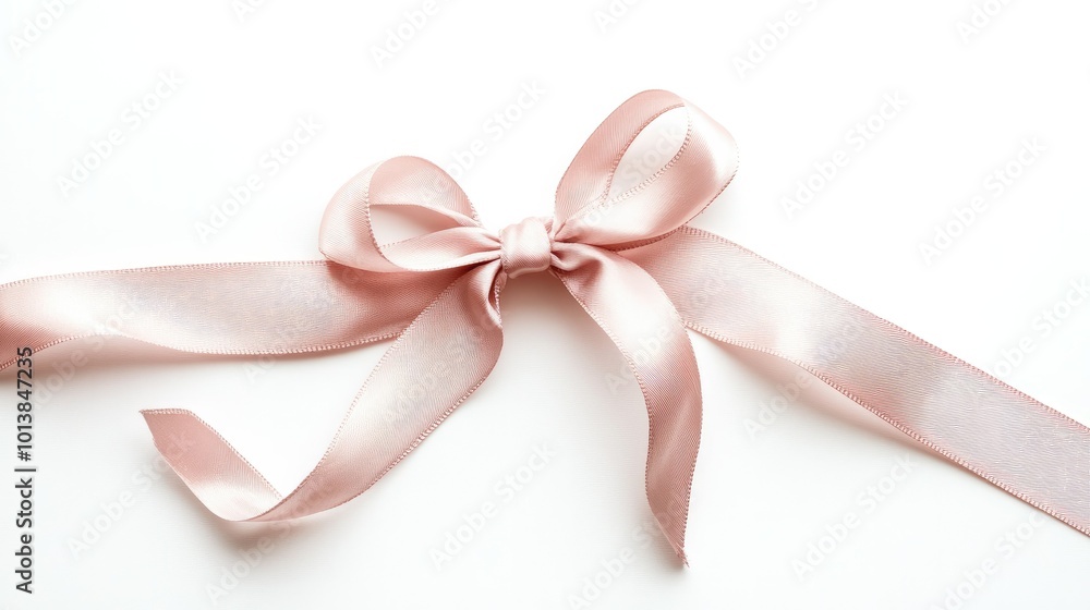 A delicate pink ribbon tied in a loose bow, resting gently on a white background, perfect for a minimalist design. A delicate pink ribbon tied in a loose bow, resting gently on a white background, perfect for a minimalist design.