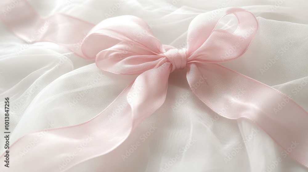A delicate pink ribbon tied in a loose bow, resting gently on a white background, perfect for a minimalist design. A delicate pink ribbon tied in a loose bow, resting gently on a white background, perfect for a minimalist design.