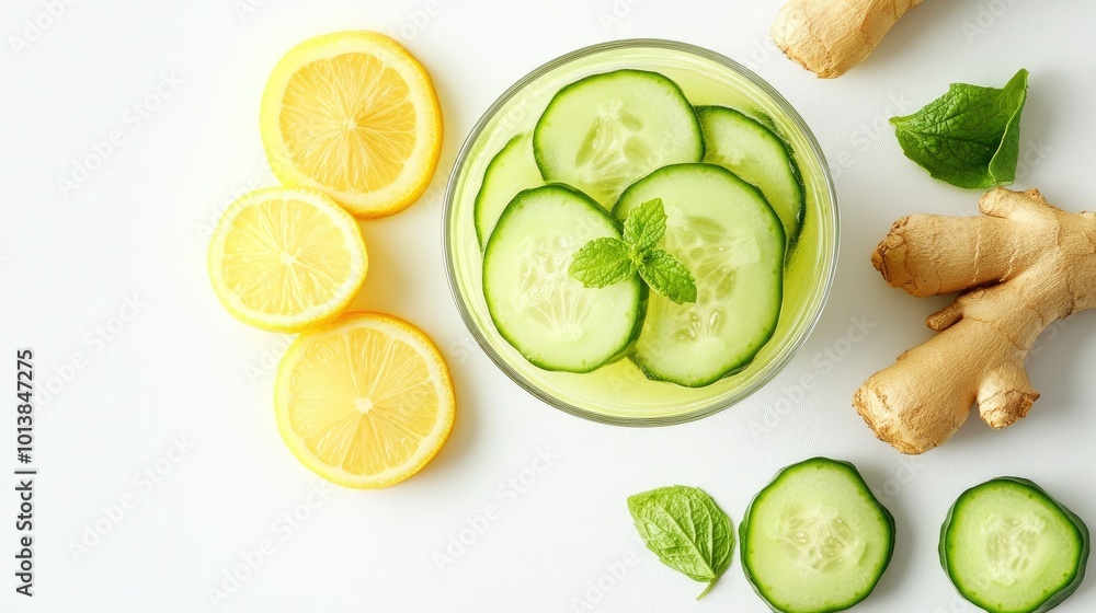 A detox smoothie with cucumber, lemon, and ginger, served in a clear cup, placed on a white background for a clean, fresh look. A detox smoothie with cucumber, lemon, and ginger, served in a clear cup, placed on a white background for a clean, fresh look.