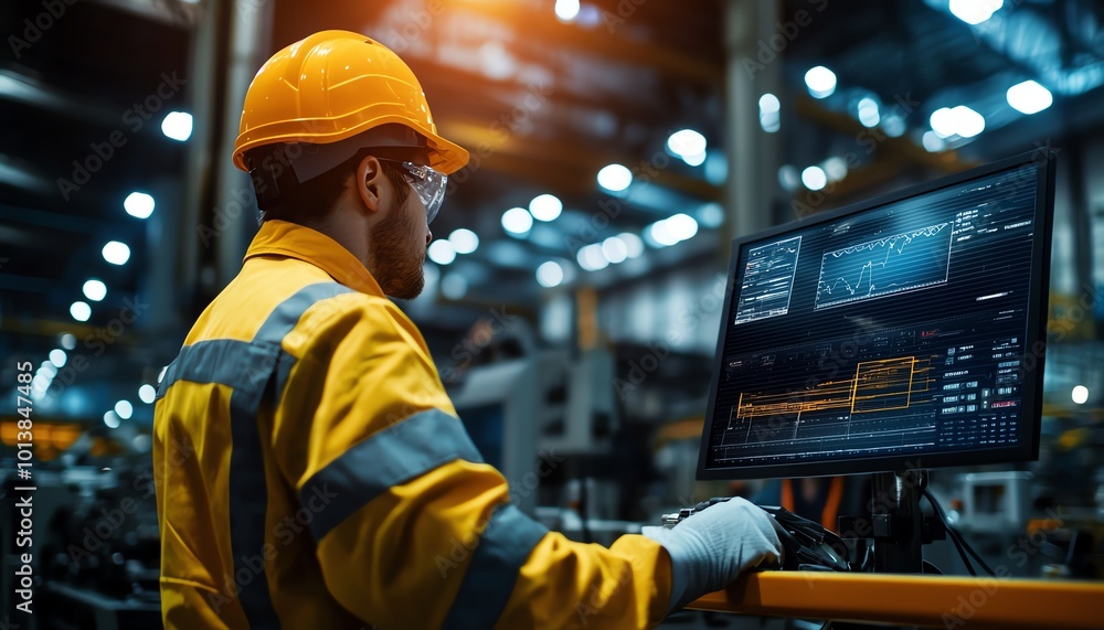 Worker in safety gear monitors data on a computer screen in a modern industrial setting. Worker in safety gear monitors data on a computer screen in a modern industrial setting.