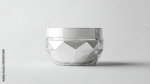 A face cream jar with an intricate, faceted 3D object, creating a modern aesthetic against a pure white background.
