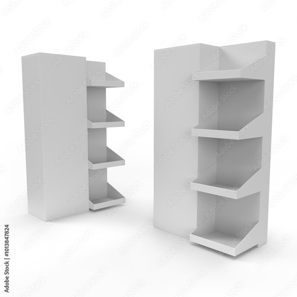 Supermarket Promotional Display Rack, Empty Product Display, Four Tier PDQ Display Box With Two Different View, Floor Stand Display. 3D Rendered. Supermarket Promotional Display Rack, Empty Product Display, Four Tier PDQ Display Box With Two Different View, Floor Stand Display. 3D Rendered.