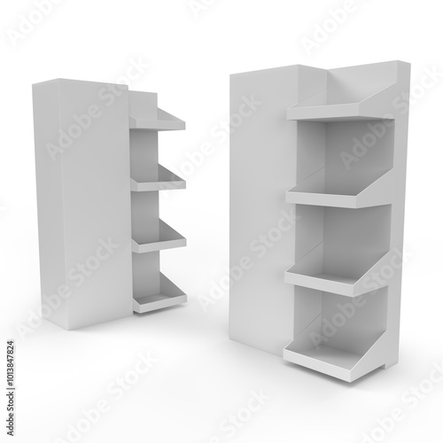 Supermarket Promotional Display Rack, Empty Product Display, Four Tier PDQ Display Box With Two Different View, Floor Stand Display. 3D Rendered.