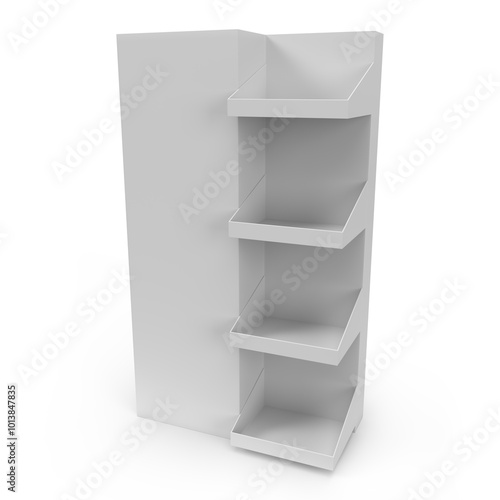 Supermarket Promotional Display Rack, Empty Product Display, Four Tier PDQ Display Stand Isolated on White Background, Floor Stand Display. 3D Render.