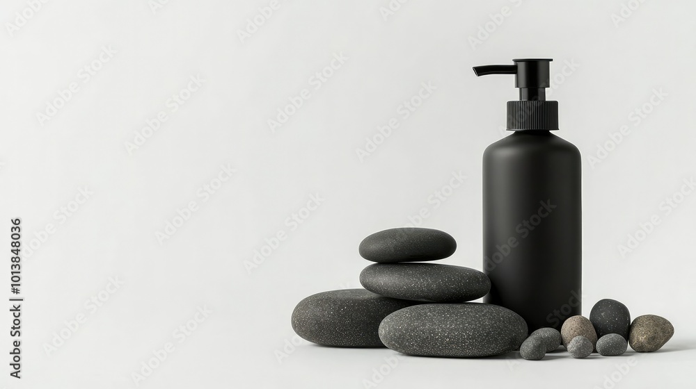 A glass soap dispenser with a matte black pump, placed alongside small zen stones on a white background. A glass soap dispenser with a matte black pump, placed alongside small zen stones on a white background.