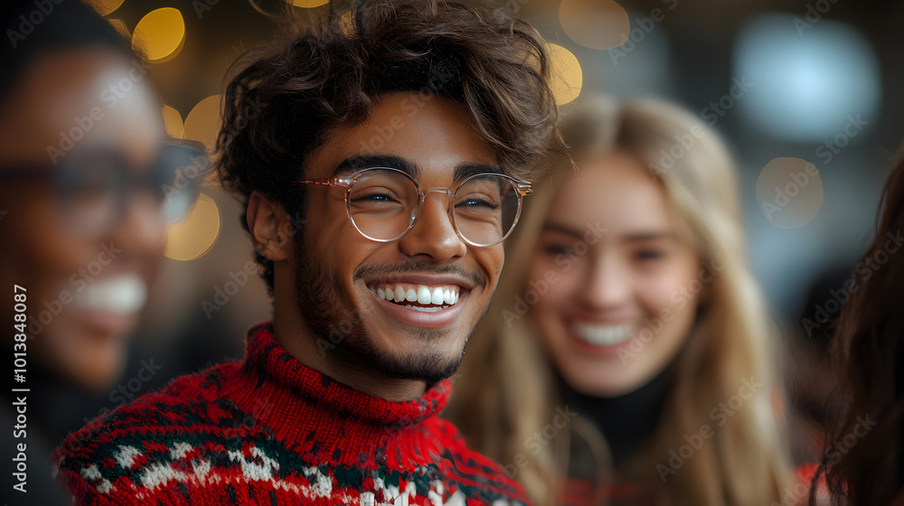 A diverse group of cheerful people wearing colorful Christmas sweaters, laughing and enjoying a festive holiday celebration together, showcasing unity and joy during the Christmas season. The scene ca A diverse group of cheerful people wearing colorful Christmas sweaters, laughing and enjoying a festive holiday celebration together, showcasing unity and joy during the Christmas season. The scene ca