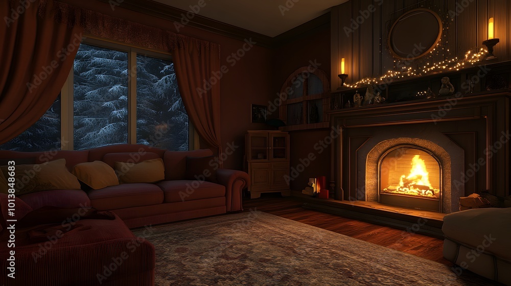 Fototapeta premium Home living room with a relaxing zone, fireplace, and window