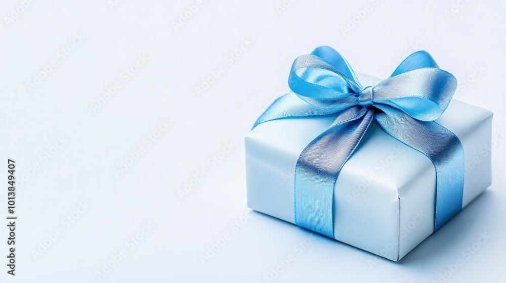 A neatly wrapped gift box tied with a luxurious satin ribbon in a bright blue hue, isolated on a white background. A neatly wrapped gift box tied with a luxurious satin ribbon in a bright blue hue, isolated on a white background.