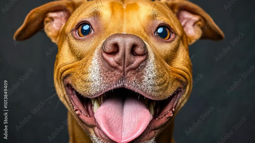A joyful adult Pit Bull faces the camera with its tongue out, against a dark backdrop. The well-lit dog displays a warm, playful expression. The image portrays themes of happiness, pet love, and A joyful adult Pit Bull faces the camera with its tongue out, against a dark backdrop. The well-lit dog displays a warm, playful expression. The image portrays themes of happiness, pet love, and