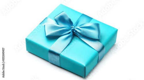 A neatly wrapped gift box tied with a luxurious satin ribbon in a bright blue hue, isolated on a white background.