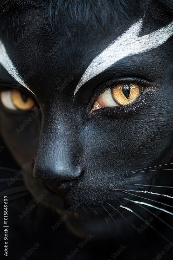 Close-up of a black cat's face with yellow eyes and white facial markings, perfect for Halloween themes, feline beauty, or fantasy art Close-up of a black cat's face with yellow eyes and white facial markings, perfect for Halloween themes, feline beauty, or fantasy art