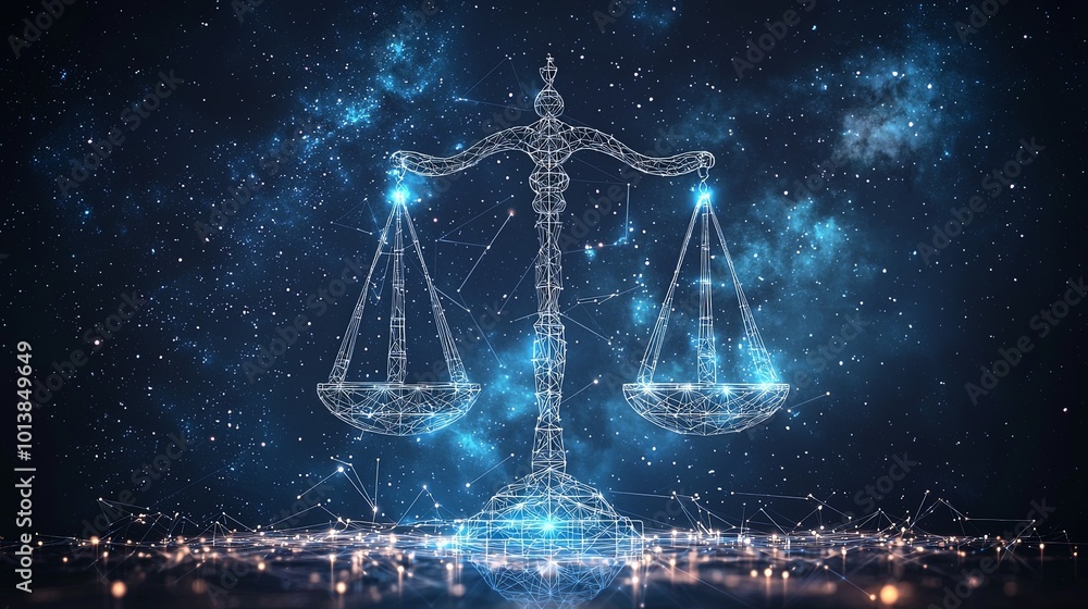 A visionary digital image of scales set against a backdrop of stars and galaxies, symbolizing justice and balance in the cosmic realm. A visionary digital image of scales set against a backdrop of stars and galaxies, symbolizing justice and balance in the cosmic realm.