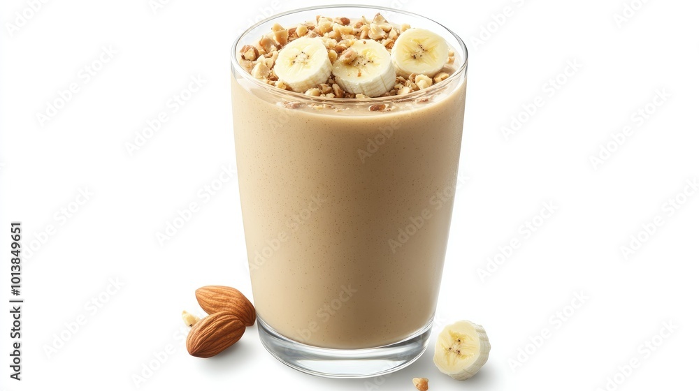 A peanut butter and banana smoothie in a clear glass, topped with crushed nuts, isolated on a minimalist white background. A peanut butter and banana smoothie in a clear glass, topped with crushed nuts, isolated on a minimalist white background.