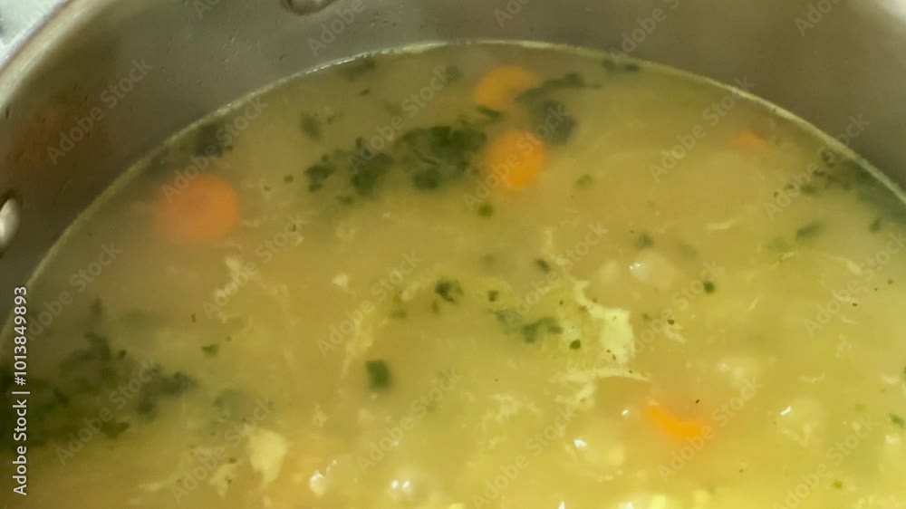 Meat broth during cooking in pot close-up Meat broth during cooking in pot close-up