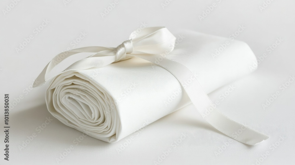 A rolled white napkin tied with a simple ribbon, placed on a white background, suitable for wedding or event decor ideas. A rolled white napkin tied with a simple ribbon, placed on a white background, suitable for wedding or event decor ideas.