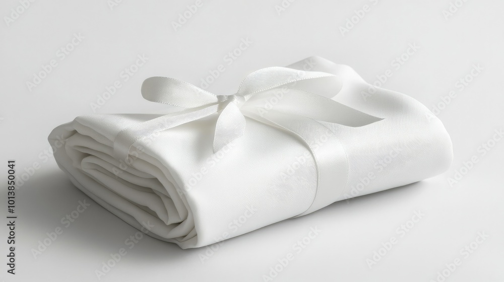 A rolled white napkin tied with a simple ribbon, placed on a white background, suitable for wedding or event decor ideas. A rolled white napkin tied with a simple ribbon, placed on a white background, suitable for wedding or event decor ideas.