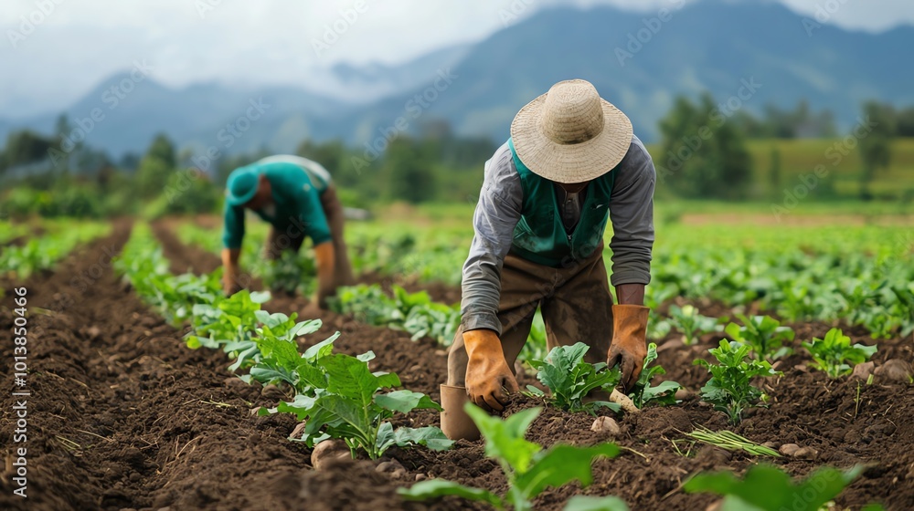 Farmers working diligently in a lush green field, cultivating crops against a backdrop of mountains and cloudy skies. Farmers working diligently in a lush green field, cultivating crops against a backdrop of mountains and cloudy skies.