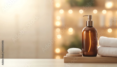 Stylish amber bottle with pump, soft towels, and a brush on a wooden tray for a serene spa ambiance.