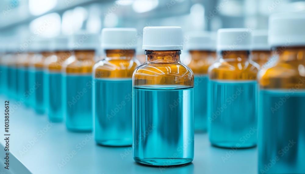 Rows of amber glass bottles filled with vibrant blue liquid in a clean laboratory setting. Rows of amber glass bottles filled with vibrant blue liquid in a clean laboratory setting.