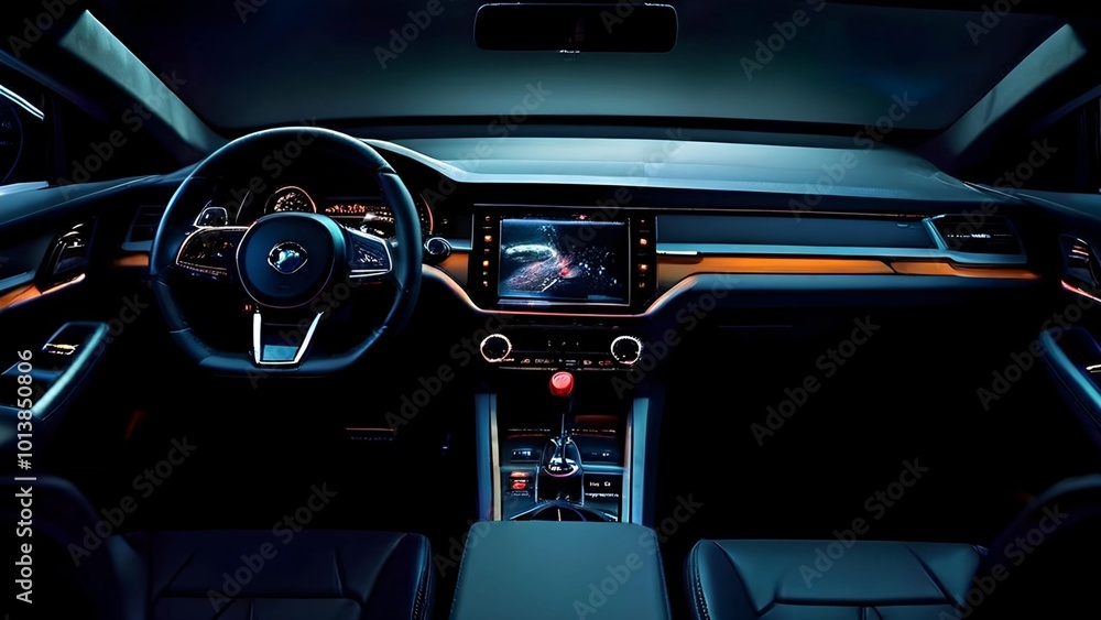 Electric car interior details adjustments. Inside car interior with front seats, driver and passenger, textile, multimedia, windows, console, gear shift, electric buttons, digital speedometer. Electric car interior details adjustments. Inside car interior with front seats, driver and passenger, textile, multimedia, windows, console, gear shift, electric buttons, digital speedometer.