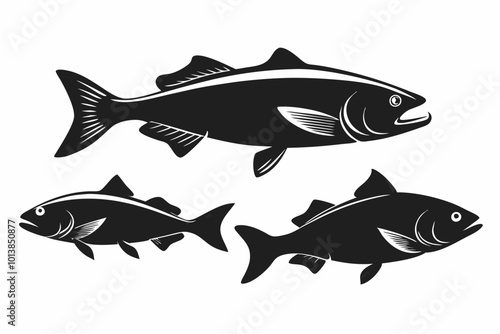 A set of Cod fishes silhouette black vector art illustration