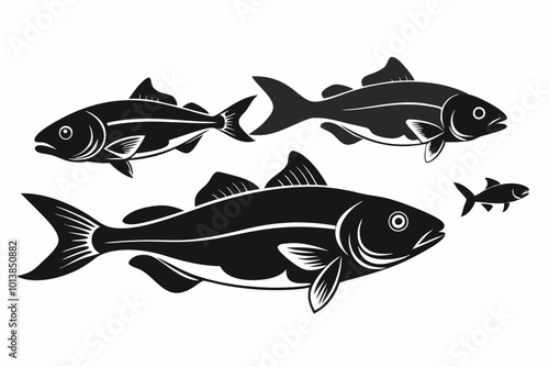 A set of Cod fishes silhouette black vector art illustration