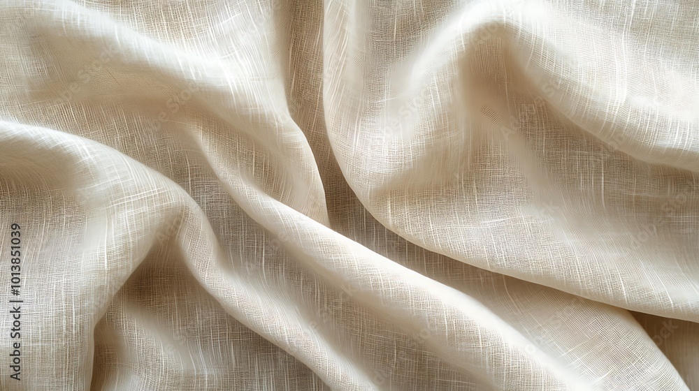 Close-up of smooth, cream-colored linen fabric with wrinkles and folds. Close-up of smooth, cream-colored linen fabric with wrinkles and folds.
