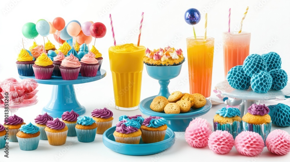 A table set with party snacks, including cupcakes and drinks, isolated on a white background with colorful party A table set with party snacks, including cupcakes and drinks, isolated on a white background with colorful party
