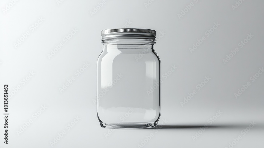 A transparent glass jar with a metal lid, set against a white background, perfect for storage or kitchen visuals. A transparent glass jar with a metal lid, set against a white background, perfect for storage or kitchen visuals.