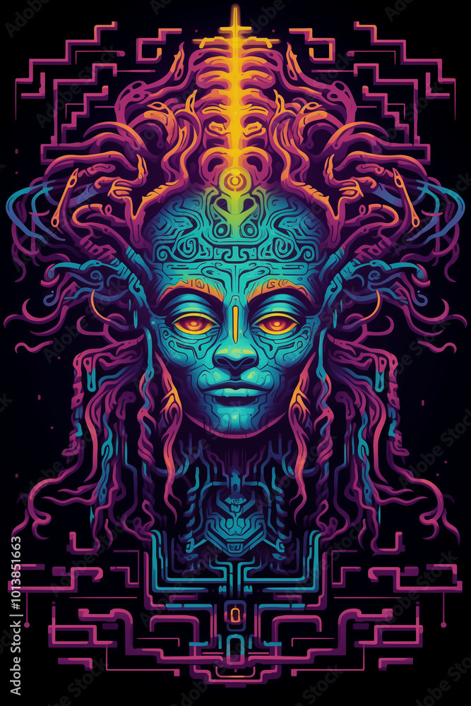 Futuristic abstract face design with intricate details for imaginative t-shirt print
Futuristic abstract face design with intricate details for imaginative t-shirt print