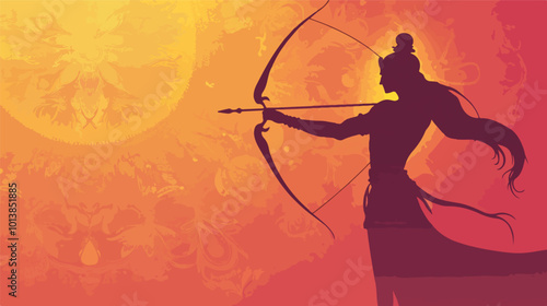 Lord Ram Vector Illustration Hindu God Diwali Dussehra India Religion Epic Ramayana Prince Ayodhya Archer Bow Arrow Silhouette Orange Background Festive Spiritual Cultural Traditional