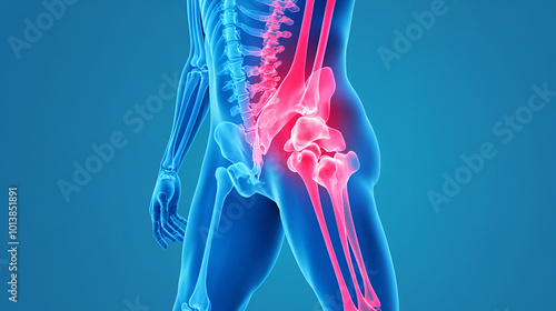 Walking man painful hip joint with blue backgroundIdeal for children's fantasy stories or imaginative art projects, copy space, AI Generatedx-ray illustration Ideal for children's fantasy stories or photo