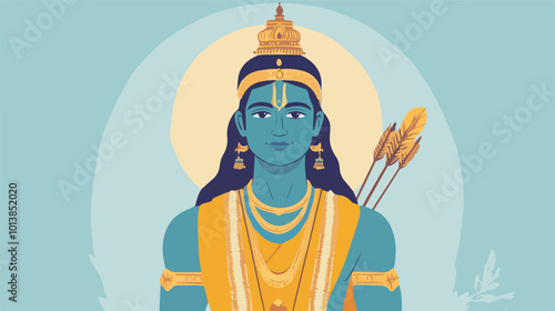 Lord Rama Vector Illustration Hindu God Religious Festive India Diwali Greeting Card Avatar Ramayana Epic Portrait Spirituality Deity Blue Skin Arrows Bow Golden Crown
