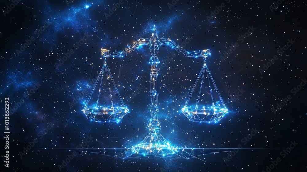A digital depiction of scales surrounded by cosmic elements, representing balance and justice, set in an intricate web of technological imagery and stars. A digital depiction of scales surrounded by cosmic elements, representing balance and justice, set in an intricate web of technological imagery and stars.