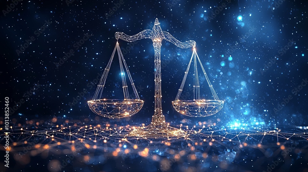A captivating image of scales illuminated by a cosmic background, symbolizing equilibrium, with a network of connections and stars outlining the scales' contours. A captivating image of scales illuminated by a cosmic background, symbolizing equilibrium, with a network of connections and stars outlining the scales' contours.