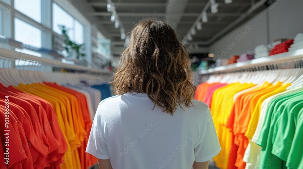 A woman with shoulder-length hair wearing a white shirt walks through a vibrant store aisle filled with colorful t-shirts while enjoying the shopping atmosphere. A woman with shoulder-length hair wearing a white shirt walks through a vibrant store aisle filled with colorful t-shirts while enjoying the shopping atmosphere.