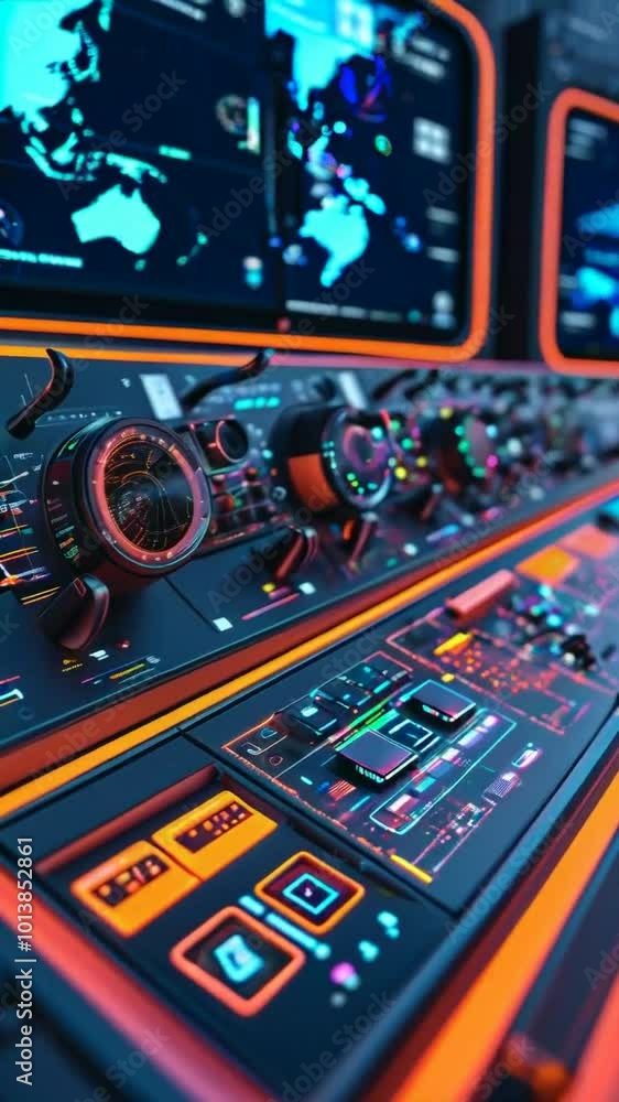 A futuristic control panel with illuminated buttons and screens displaying world maps. A futuristic control panel with illuminated buttons and screens displaying world maps.