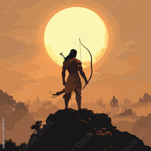 Lord Ram Vector Illustration Indian Mythology Epic Ramayana Hinduism God Religious Warrior Bow Arrow Sunset Silhouette Battle Courage Hope Victory