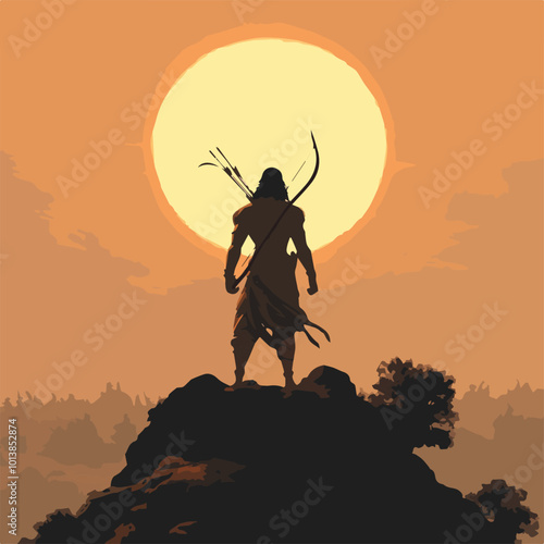 Lord Ram Vector Illustration Hindu God Mythology Epic Ramayana Sunset Background Courage Warrior Bow Arrow India Religion Spirituality